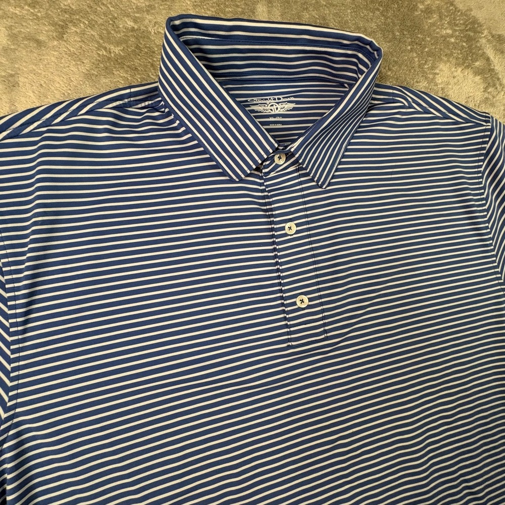 Straight Down Men's XL/TG Blue White Stripe Golf Polo Shirt Performance Stretch